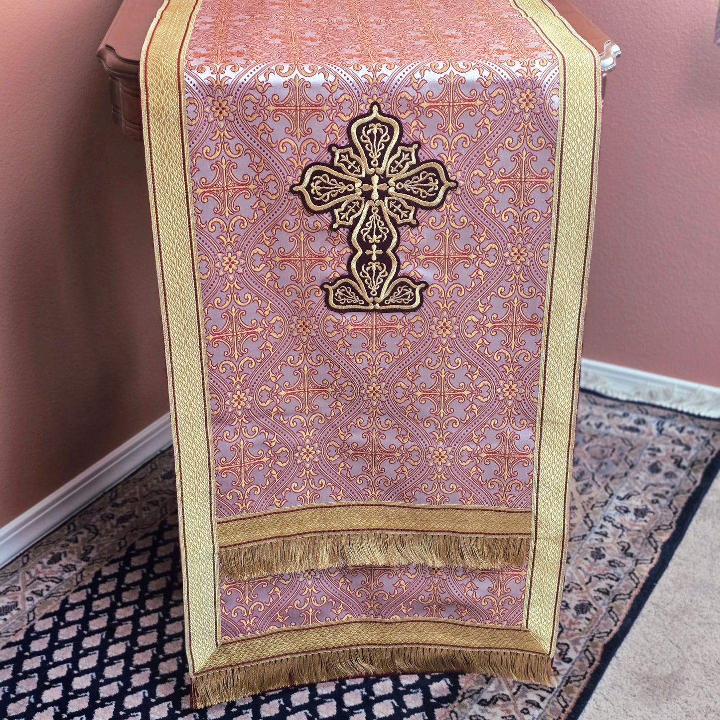 Icon stand cover, Mistra with burgundy crosses, set of 3