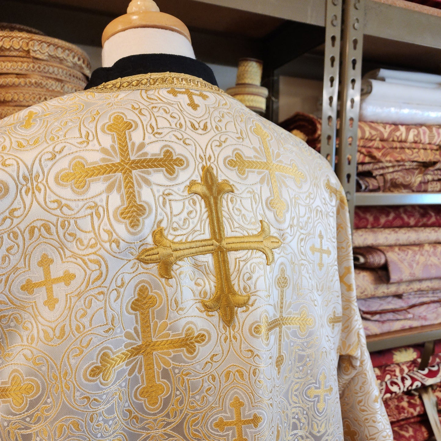 greek orthodox server robe in white-gold brocade