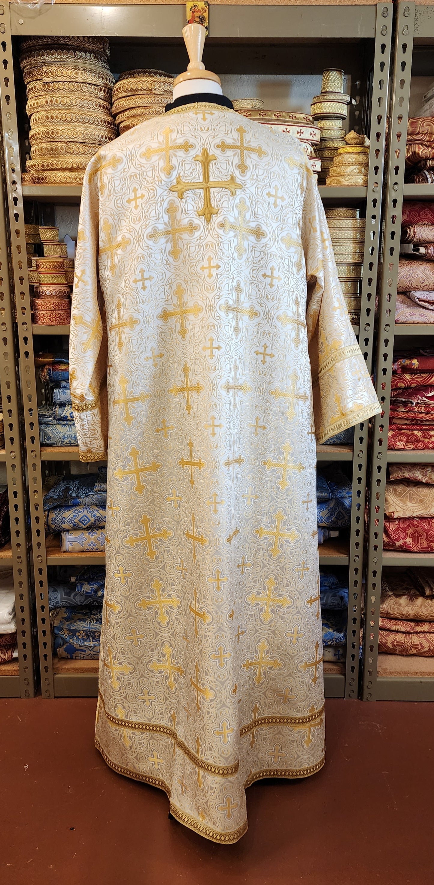 greek orthodox server robe in white-gold brocade