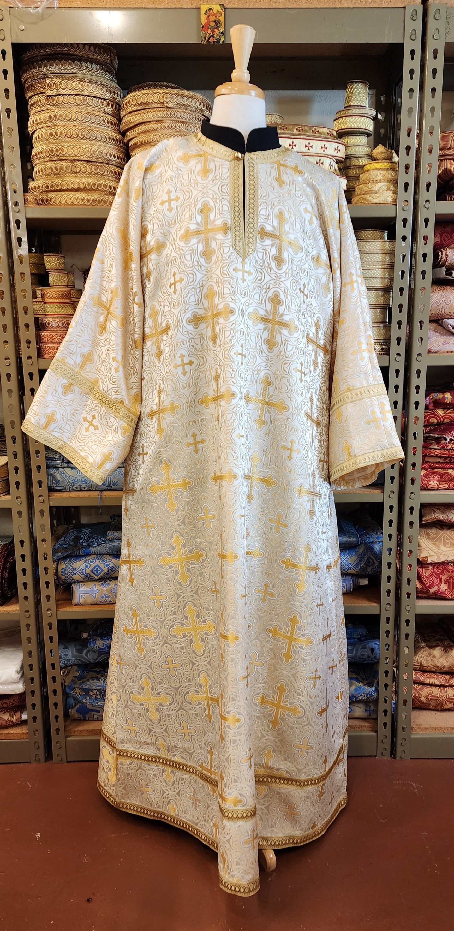 greek orthodox server robe in white-gold brocade