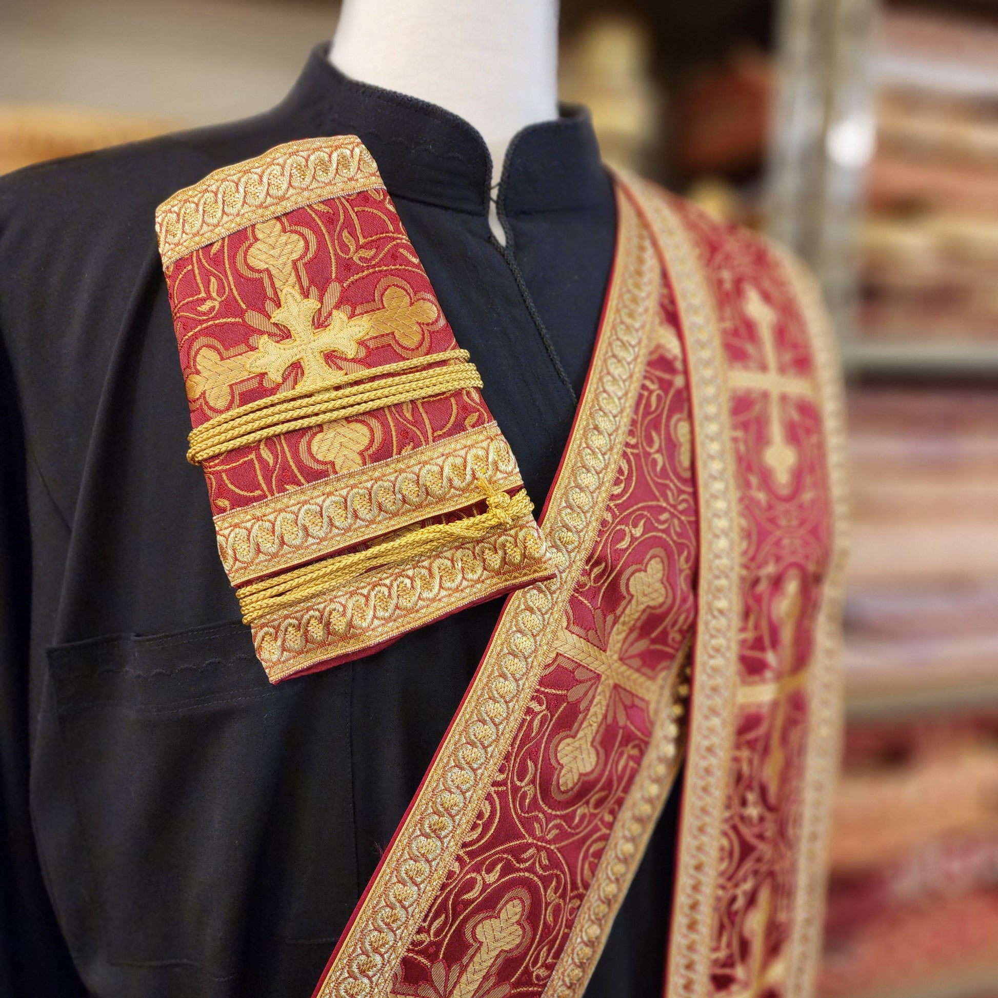 Greek orthodox deacon orarion and cuffs in burgundy brocade