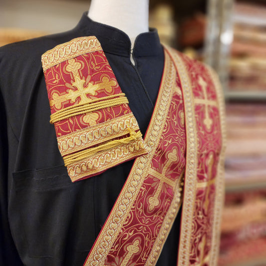 Greek orthodox deacon orarion and cuffs in burgundy brocade