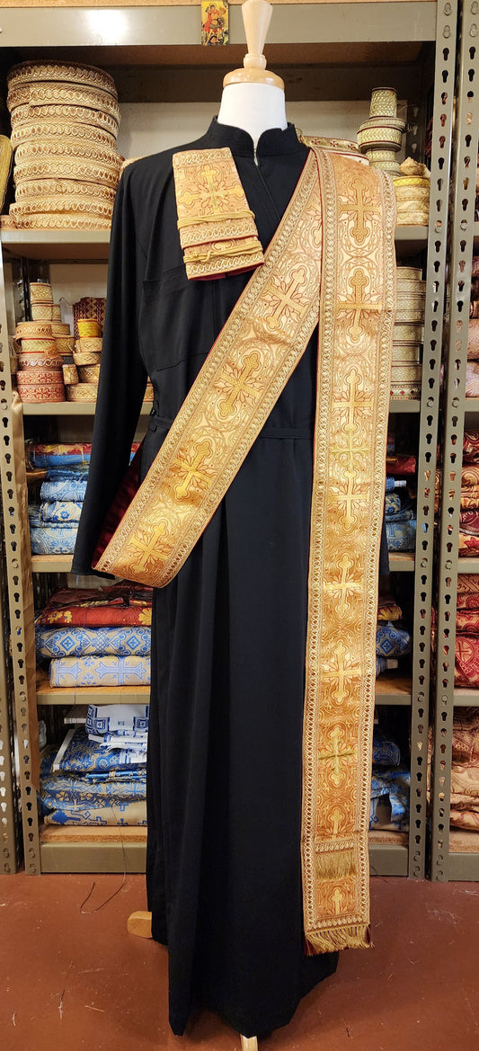 Greek Orthodox deacon orarion and cuff set on tailors form with Greek cassock