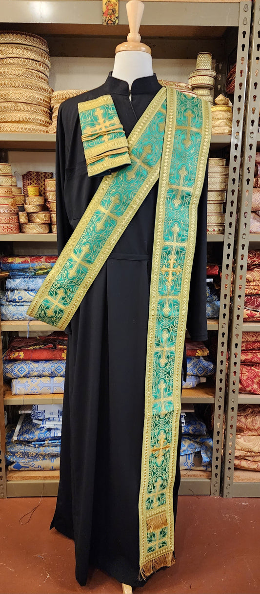Greek orthodox deacon orarion and cuff in green brocade