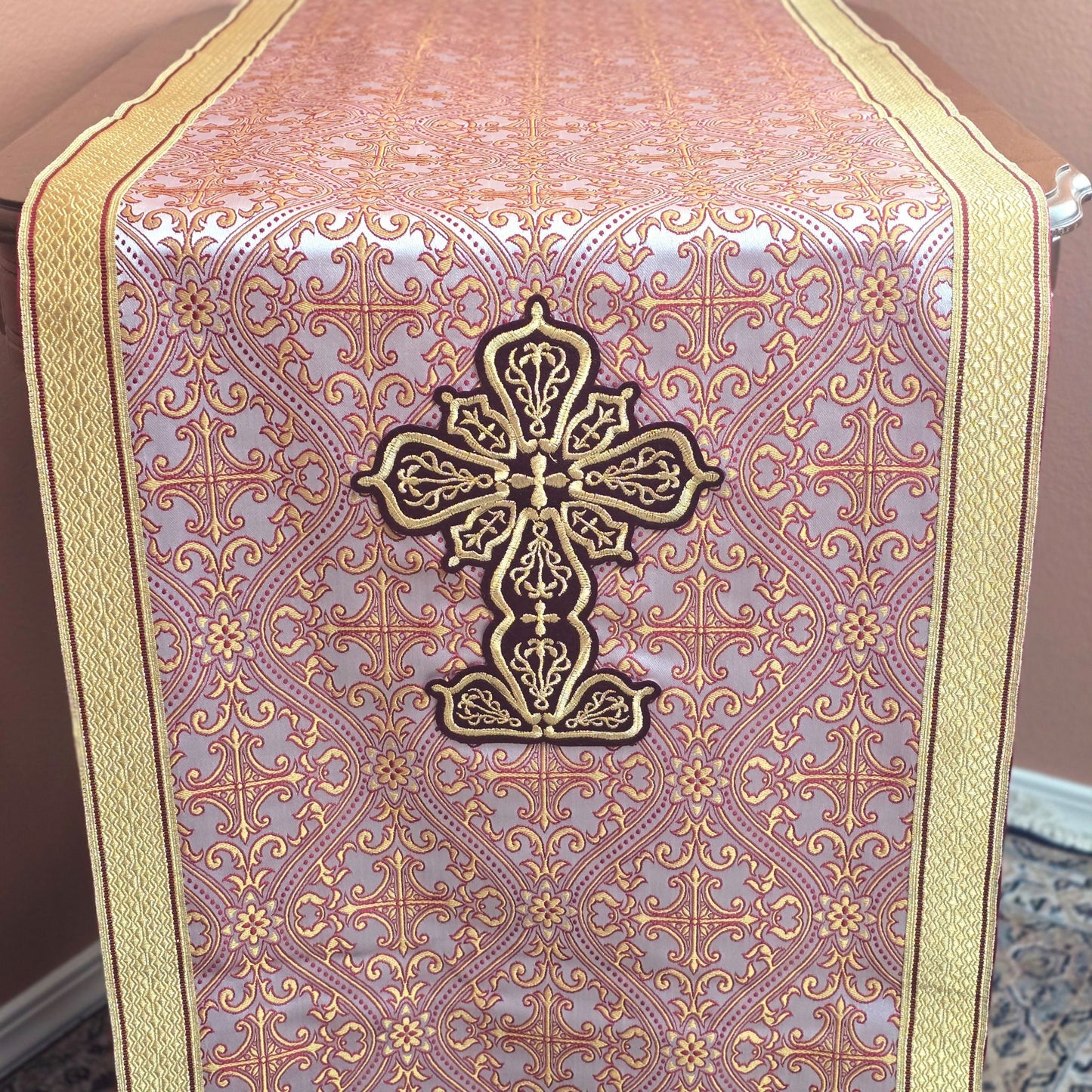 Icon stand cover, Mistra with burgundy crosses, set of 3